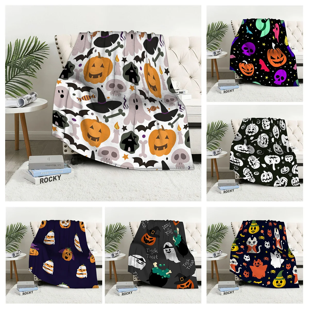 

Home decoration plush Throw Sofa blanket Bedspread bed fluffy soft blankets decor Plaid Modern Halloween Autumn Pumpkin funny