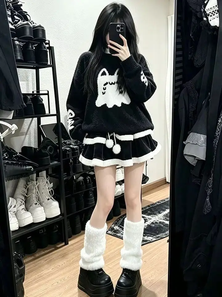 Sweet Kawaii Preppy Lolita Japanese Style Women's Autumn Winter Plush Cat Sweater Top and High-Waisted Puffy Tiered Skirt Black