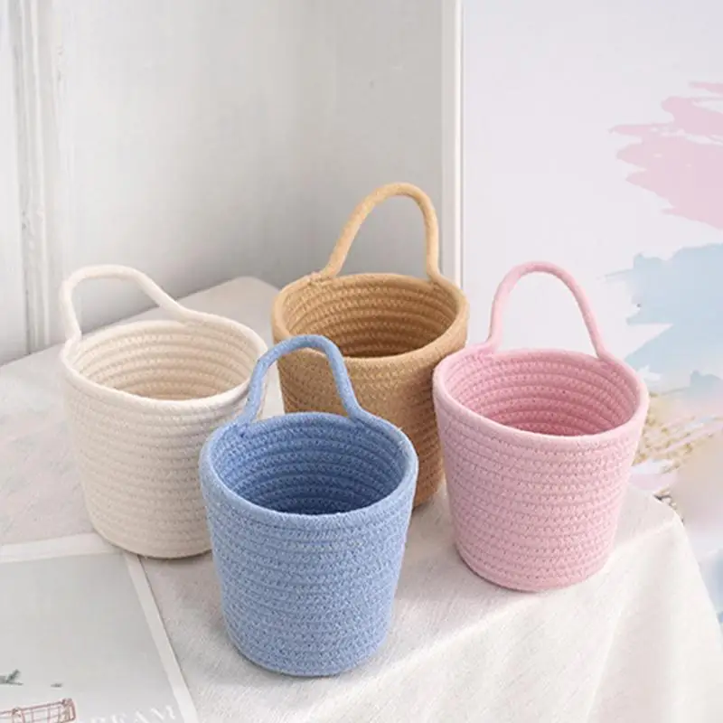 Handmade Woven Organizer Container Cotton Rope Storage Basket Wall Basket With Handle Child Toy Storage Vegetable Rope Bins