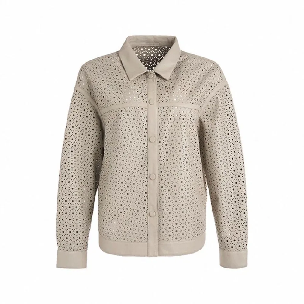 Genuine Sheepskin Leather Jacket Women Autumn Retro Style Perforated Hollow Out Casual Shirt Coat