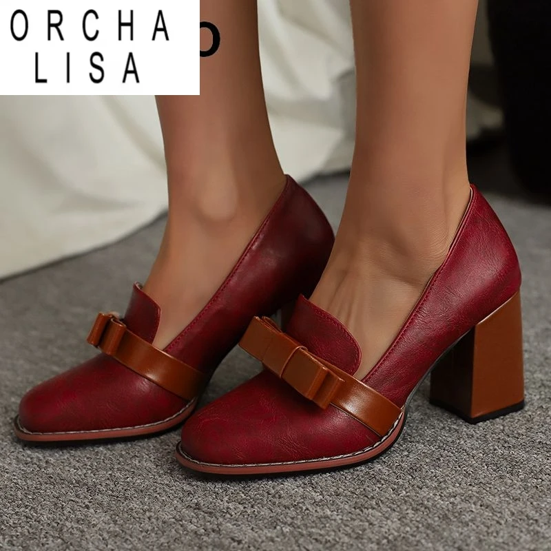 

ORCHA LISA Винтажные женские туфли-лодочки с квадратным носком на массивном высоком каблуке 9 см, слипоны с бантом, разноцветные, большой размер 46 47 48 Офисные женские туфли