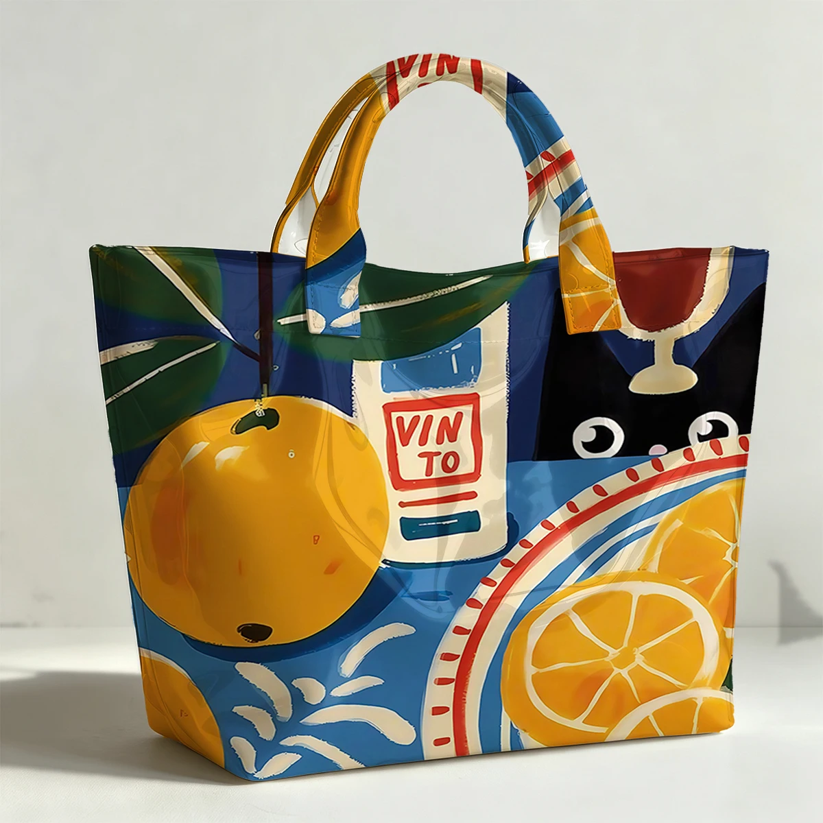 Fruit wine and cats PVC Tote Bag Waterproof Transparent Jelly Bag Beach Bag Tote Pouch Bow Handbags Storage Bag