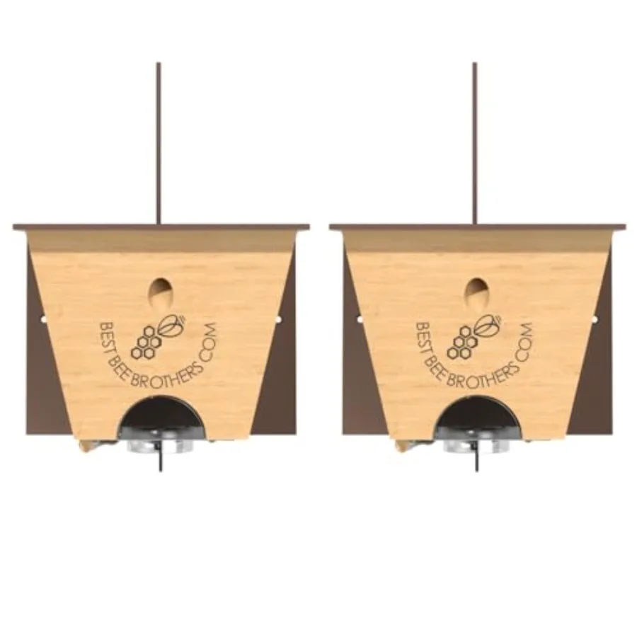 

Outdoor carpenter bee trap, brown plastic with large viewport and spring-loaded door, professional-grade Turbo Trap 2.0 design,