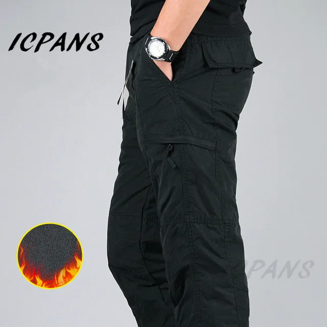 Fleece Cargo Pants Men Casual Thicken Work Men Trousers Military Tactical Army Black Winter Pants Men Side Zipper