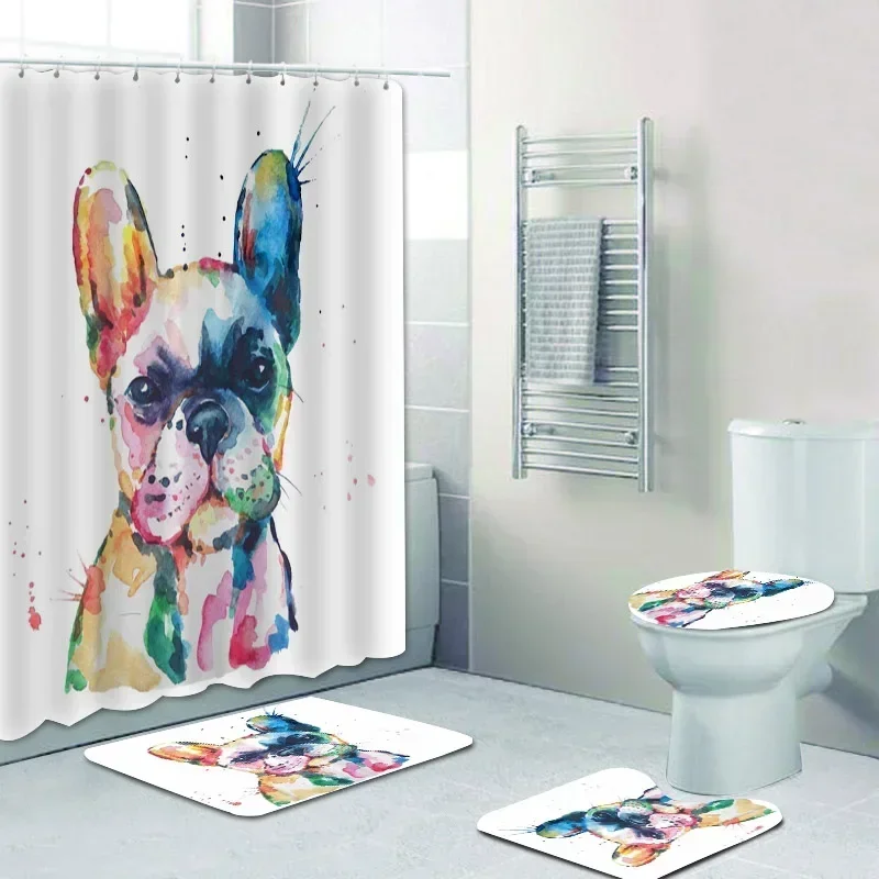 Cool Watercolor Painting French Bulldog Bathroom Curtain Set Shower Curtains  for Bathtub Toilet Cover Mat Carpet Home Decor