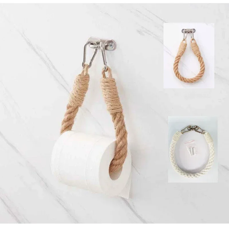  Multi-use Rope Toilet Paper Holder,Rustic Hemp Rope Wall Mounted Tissue Rack,Industrial Style Towel Hanger for Bathroom/RV view 3