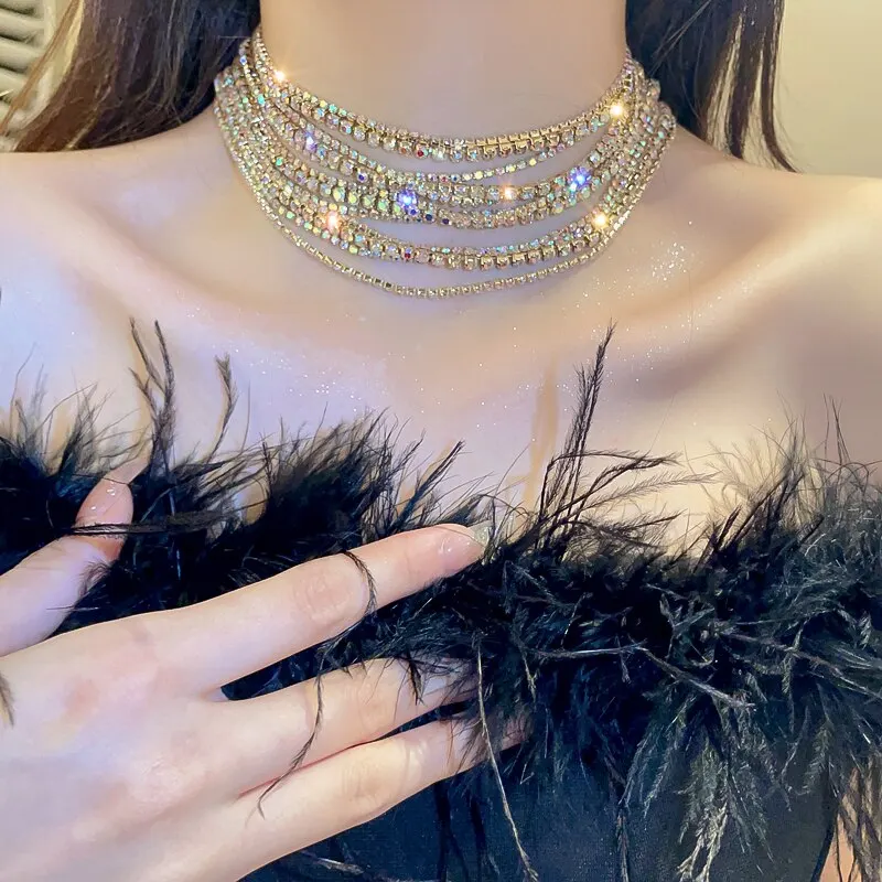 Shiny Full Rhinestone Choker Necklace For Women Trendy Luxury Multi-color Necklaces Collar New Fashion Party Jewelry On Neck