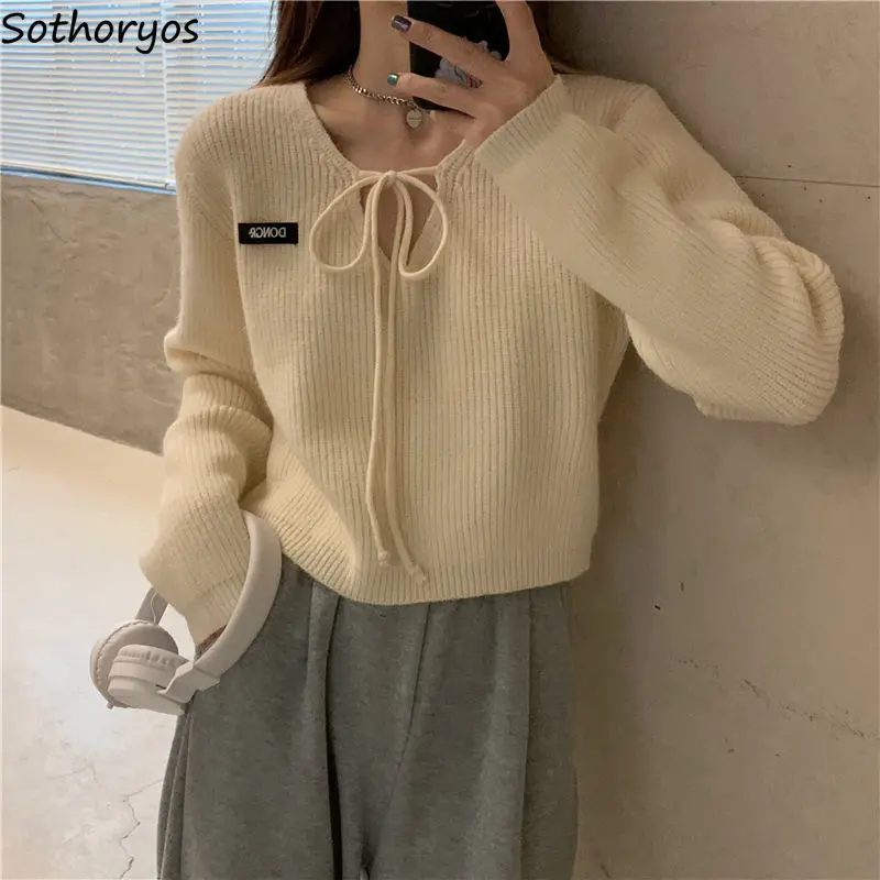 

V-neck Pullovers Women Ribbed Outwear New Arrive Loose Solid Leisure Autumn Sweater Warm Korean Style Lace Up Fashion Simple