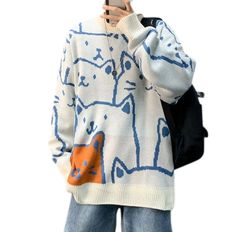 Men Long Sleeve Sweater Harajuku Cartoon Cat Printed Pullover Top Hip-Hop Oversized Loose Knitwear Round Neck Streetwear