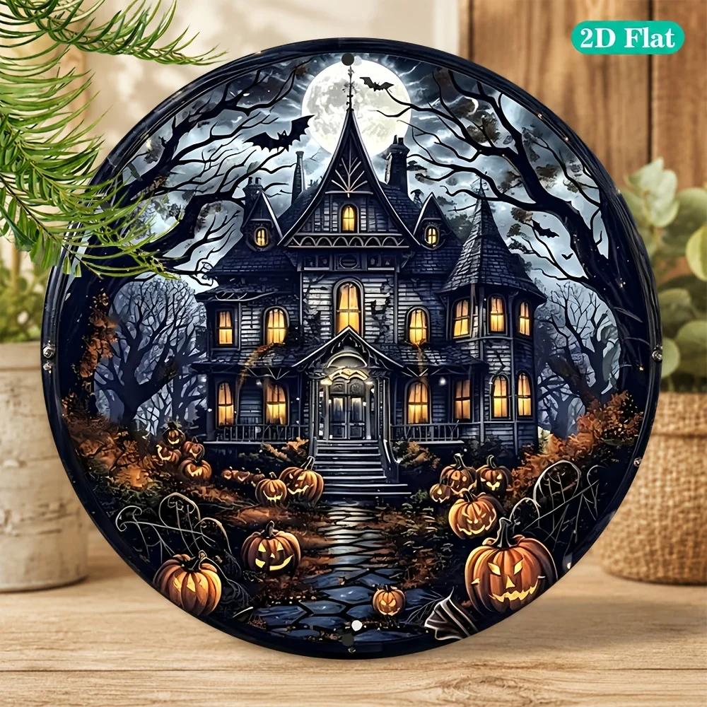 2D Flat, 2D Flat, 1pc Wall Decor Round Metal Sign 20X20Cm, Halloween Haunted House Full Moon Pumpkin Bat, Spooky Vintage Forest