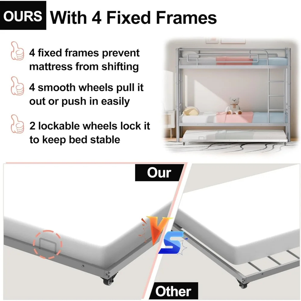 Twin over Twin stapelbed met onderschuifbed, metalen stapelbedden met ladders en lange reling, kan worden omgebouwd tot 2 bedden