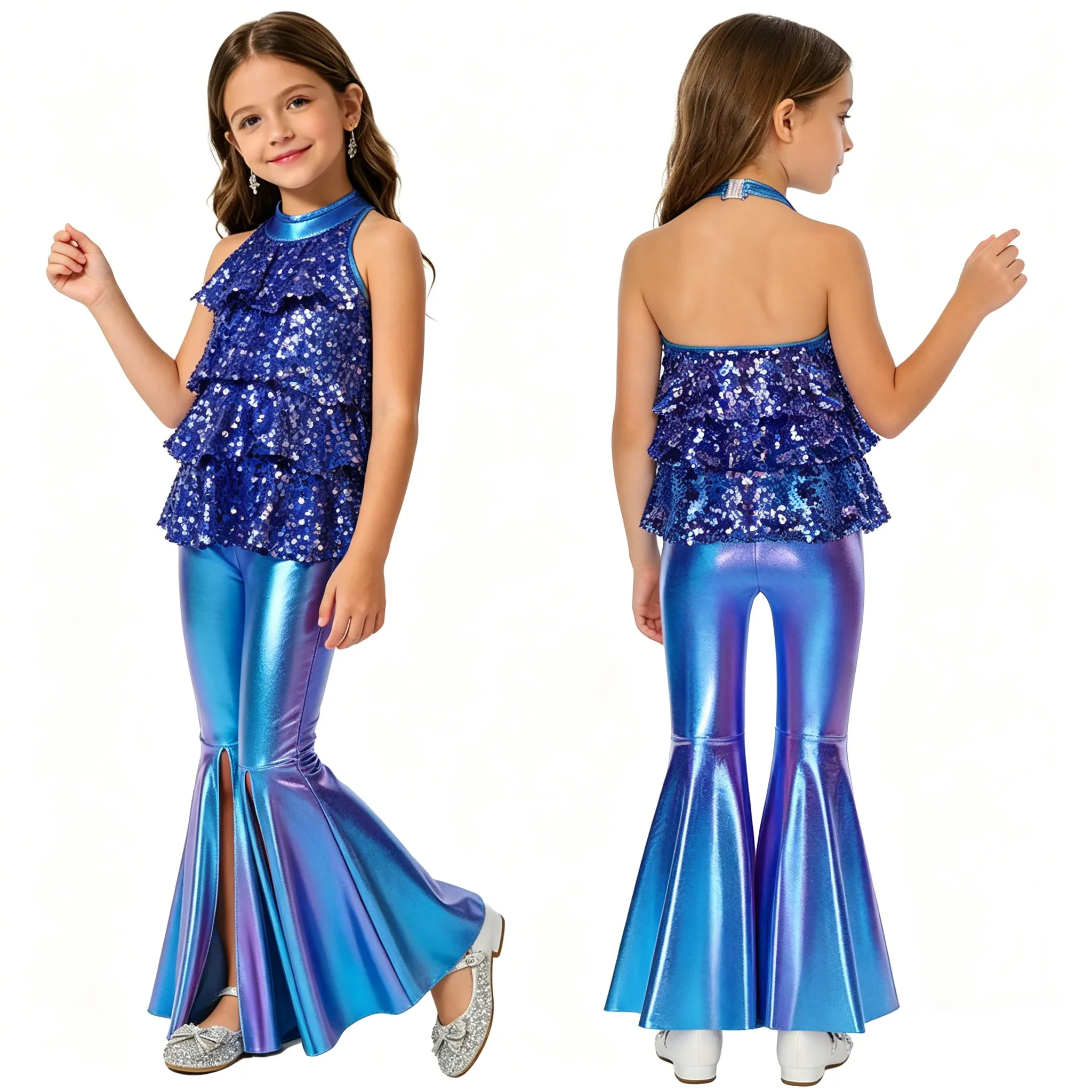 

Детский блестящий костюм для джазовых танцев для девочек: боди-платье с пайетками и металлическими расклешенными брюками в стиле 70-х для выступлений на сцене