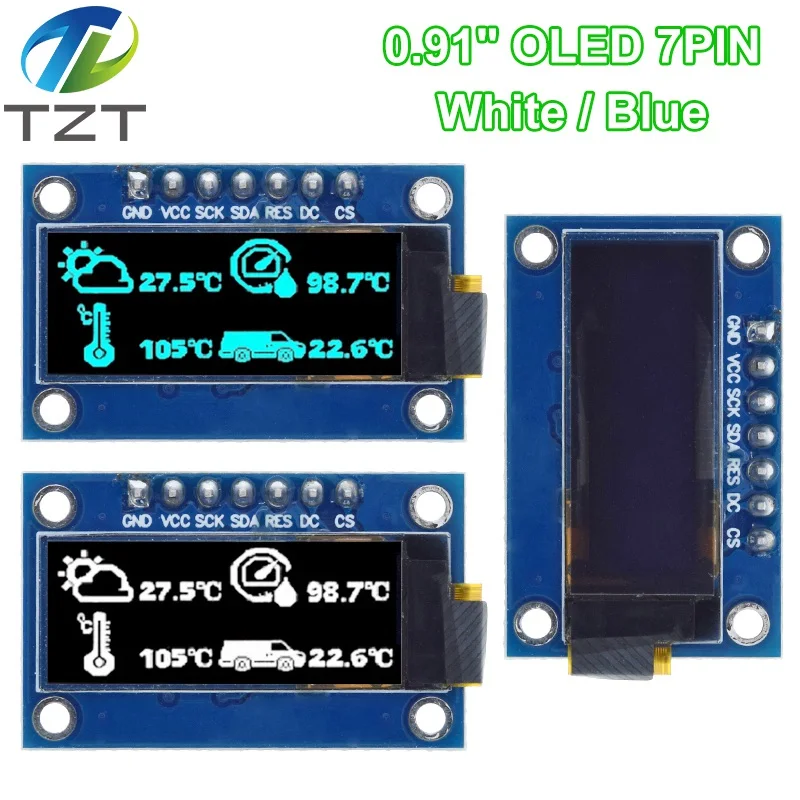 TZT 1/3pcs SSD1306 7PIN 0.91 inch 128x32 SPI OLED Module 0.91" OLED Display Module White Blue OLED Screen Board For Arduino