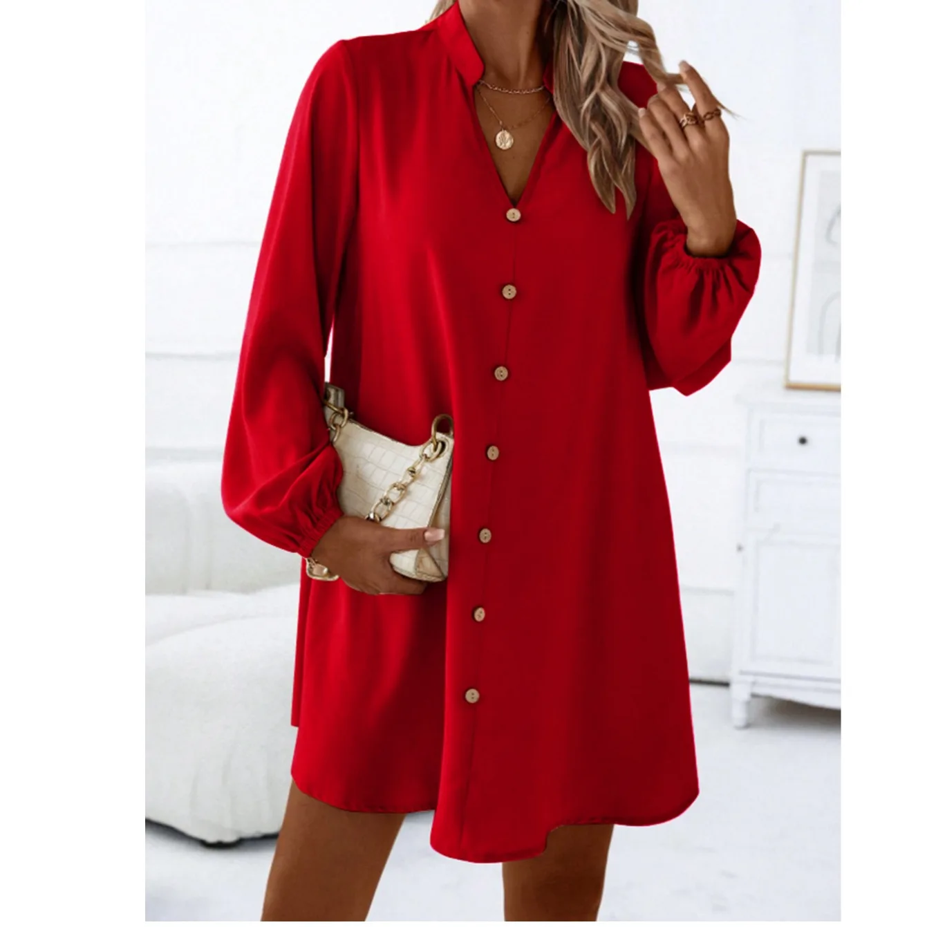 Frühling Herbst Reine Farbe V-ne Einzigen Taste Lose A-linie Lange Sve irt Dr Straße Sle Lose Taille Polyester Faser