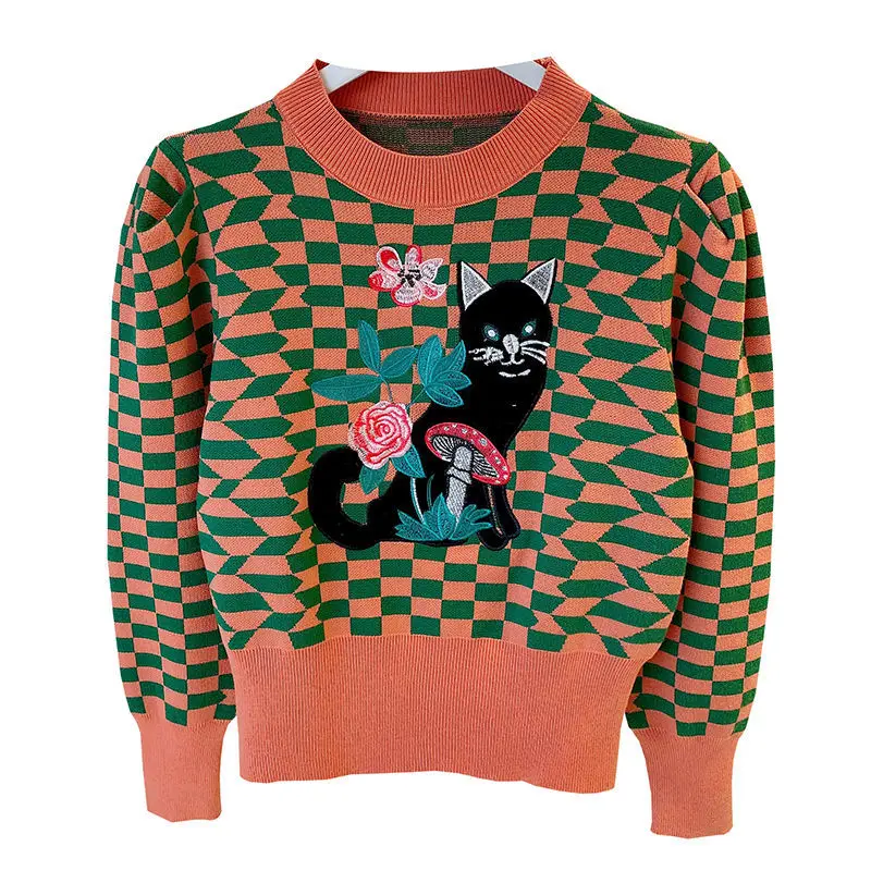 Korobov Autumn Winter New O Neck Puff Sleeve Women Pullovers Korean Kawaii Cartoon Hit Color Plaid Sweaters Streetwear Crop Top