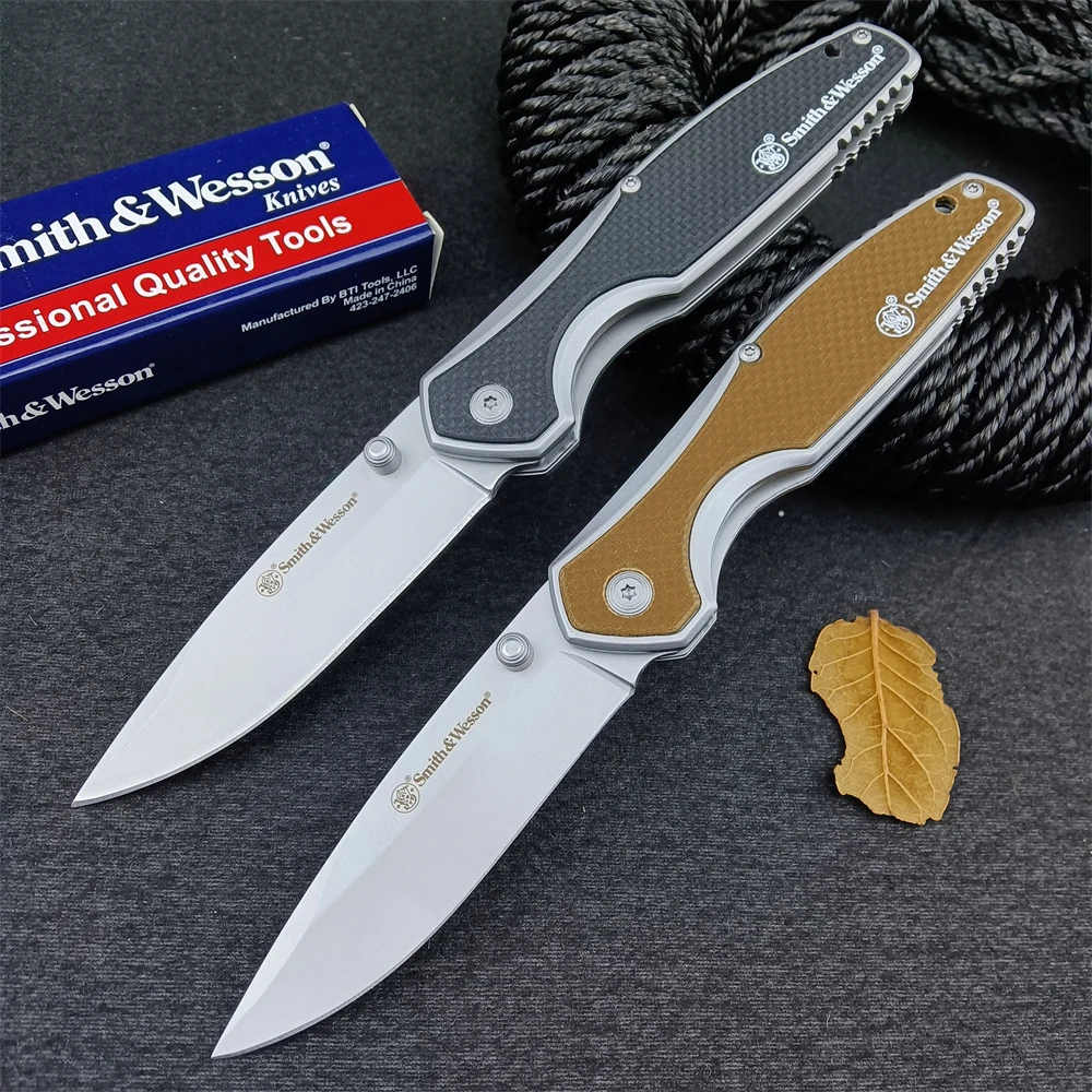 Smith & Wesson Flip Folding Knife 8cr13MoV Blade Sharp EDC Outdoor Tactical Hunting EDC Pocket Knife Rescue Tool G10 Handle