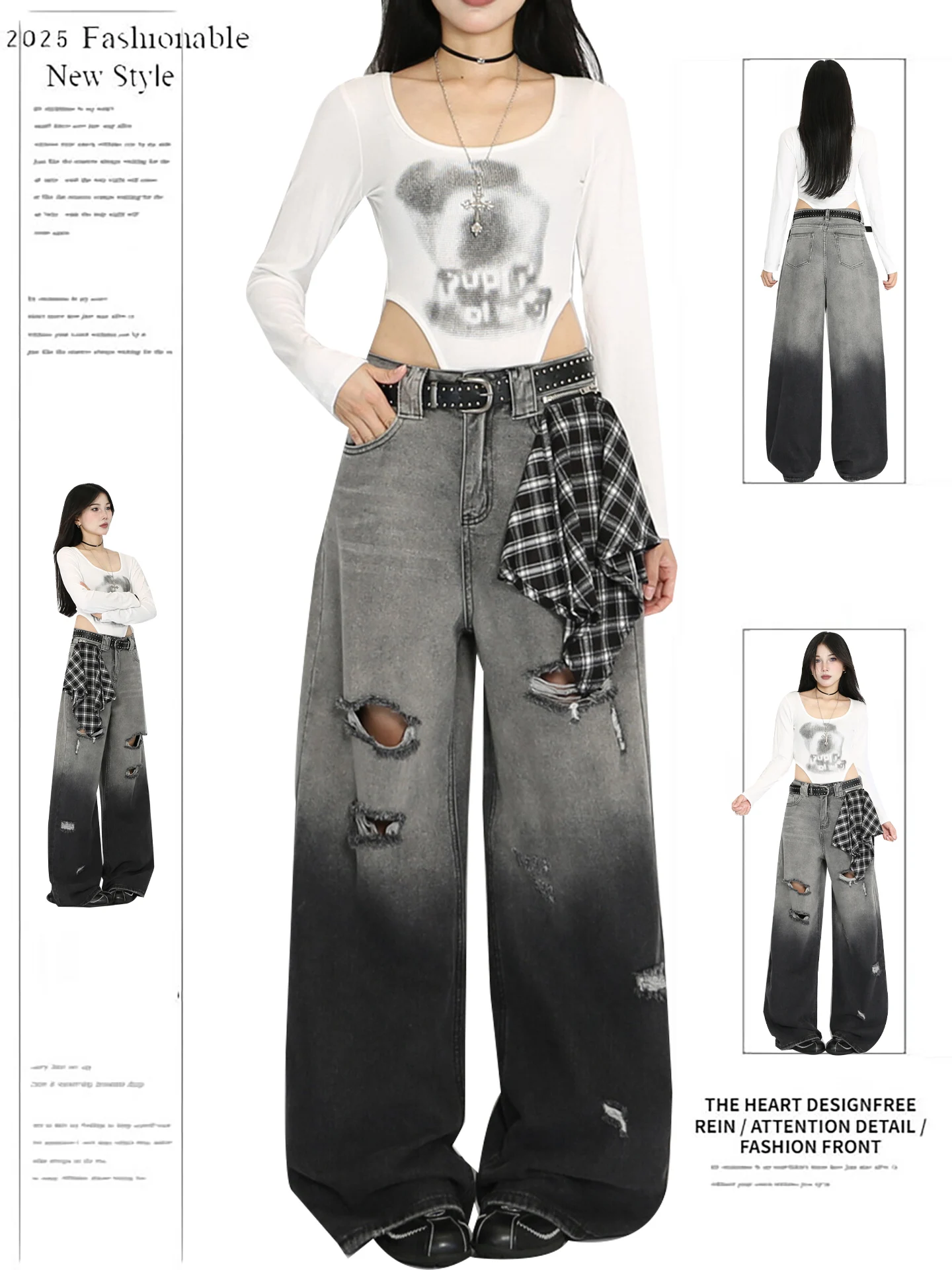 

Loose Straight Leg Jeans Women's Casual High Waist Denim Pants adient Bla Hole Punch Design American Sle Square Scarf