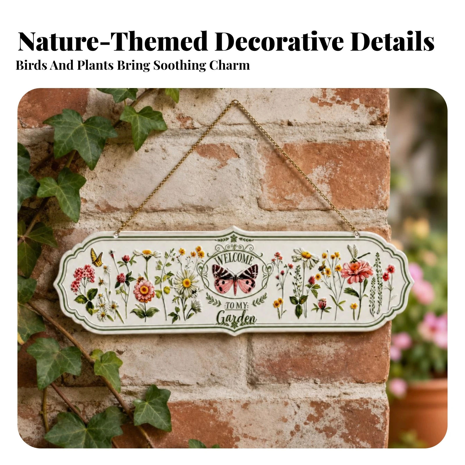 Vintage Garden Sign Floral Bird Sign Outdoor for Patio, Porch