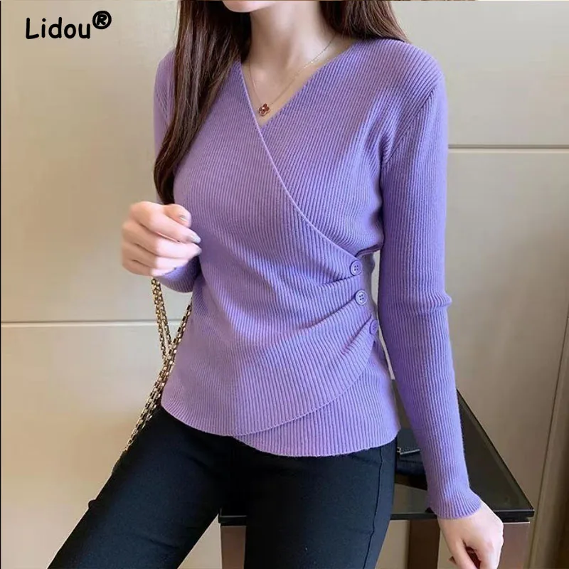 Elegant Fashion Temperament V-neck Knitted Pullovers for Women Sweaters 2022 New Solid Color Bottoming Shirt Buttons Korean Top