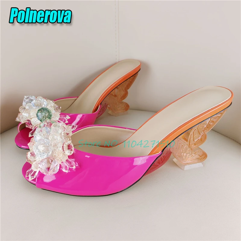 Elegant Butterfly Shaped High Heels Slippers Crystal Floral Rhinestone Bow Embellished Strange Heel Sandals Party Women's Shoes