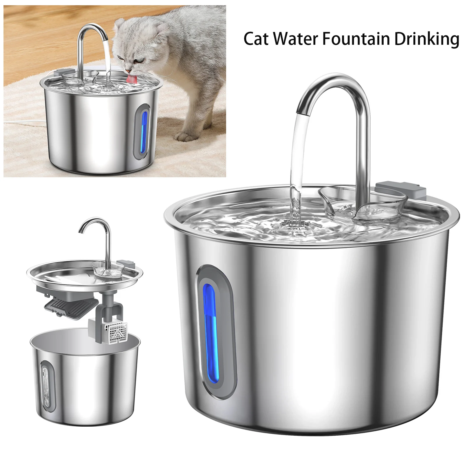 Fontanella per Gatti in Acciaio Inox Lavabile in Lavastoviglie, Distributore Automatico d'Acqua per Animali Domestici da 2,2L con Pompa Silenziosa Migliorata