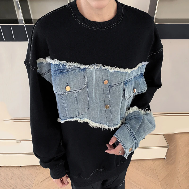 IEFB Denim Spliced Men\'s Sweatshirt Contrast Color Round Collar Pullover Top Long Sleeve Male Top Korean Style New Chic 9C7165