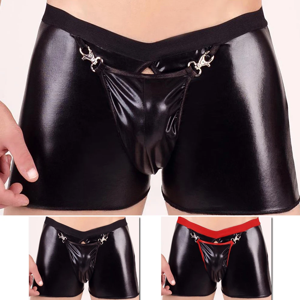 Mens Underwear Shiny Leather Shorts 2XL Leather Trunks For Men Zip Boxer Briefs Boxershorts Classic Style Soft Material