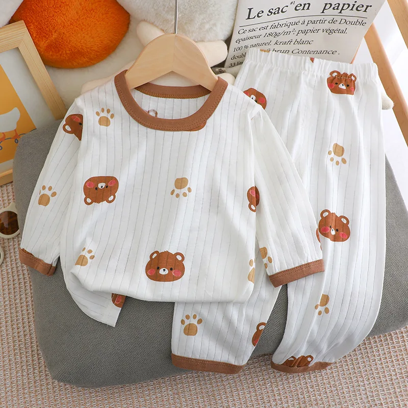 2024 New Kids Boys Girls Summer Pure Cotton Thin Pajamas Cute Cartoon Print Long Sleeve T-Shirt Tops + Pants Baby Clothing Sets