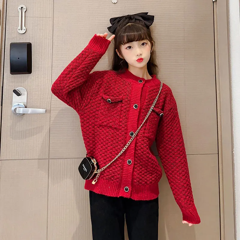 

Осенне-зимний новый красный свитер для девочек в Корейском стиле, вязаная детская верхняя одежда принцессы, Повседневный Кардиган для девочек-подростков, одежда