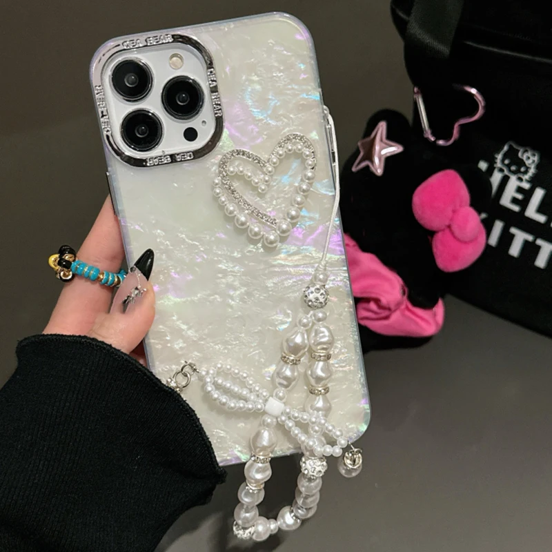 Luxury 3D Shell Pattern Love Pearl Bracelet Phone Case For iPhone 15 14 Pro Max Plus 13 12 11 Plating Frame Anti Fall Back Cover