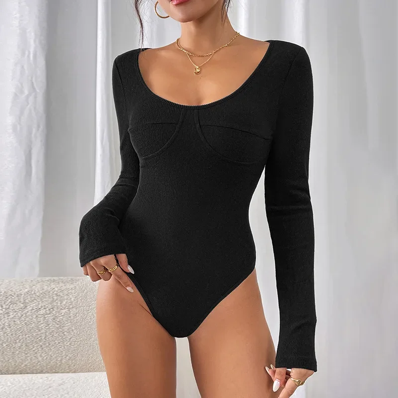 

Waist-hugging Slim and Versatile Black Long-sleeved Jumpsuit New Autumn Round Neck Grinding Pit Strip