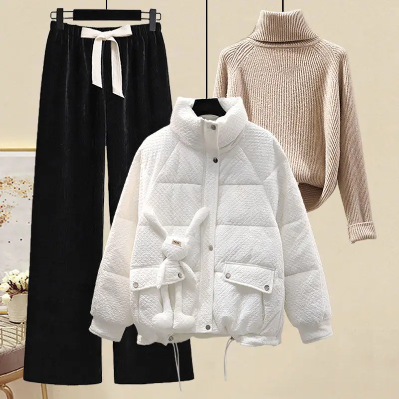 Winter Set Women\'s Korean Edition Wearing Cute Little Rabbit Pink Cotton Coat Wide Leg Pants Sweater Three Piece Set pant sets