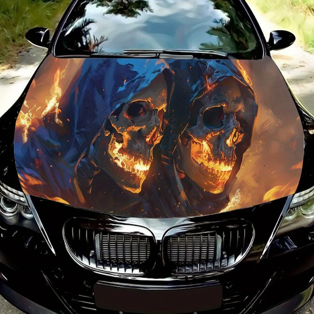 

Eye-catching Flaming Skull Car Hood Vinyl Wraps Sticker, Auto Decal, Waterproof Self-adhesive Vehicle Decal, Anti-scratch Auto E