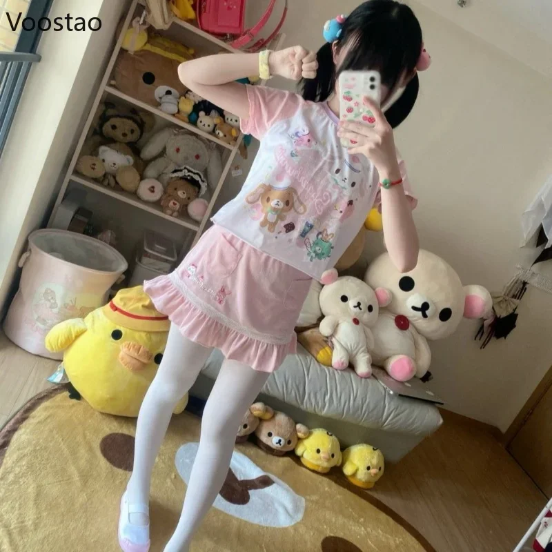 Japanese Cute Cartoon Print Lolita Short T-shirt Women Sweet Short Sleeve Tops Girls Pink Kawaii Pulovers TShirts Summer Tees