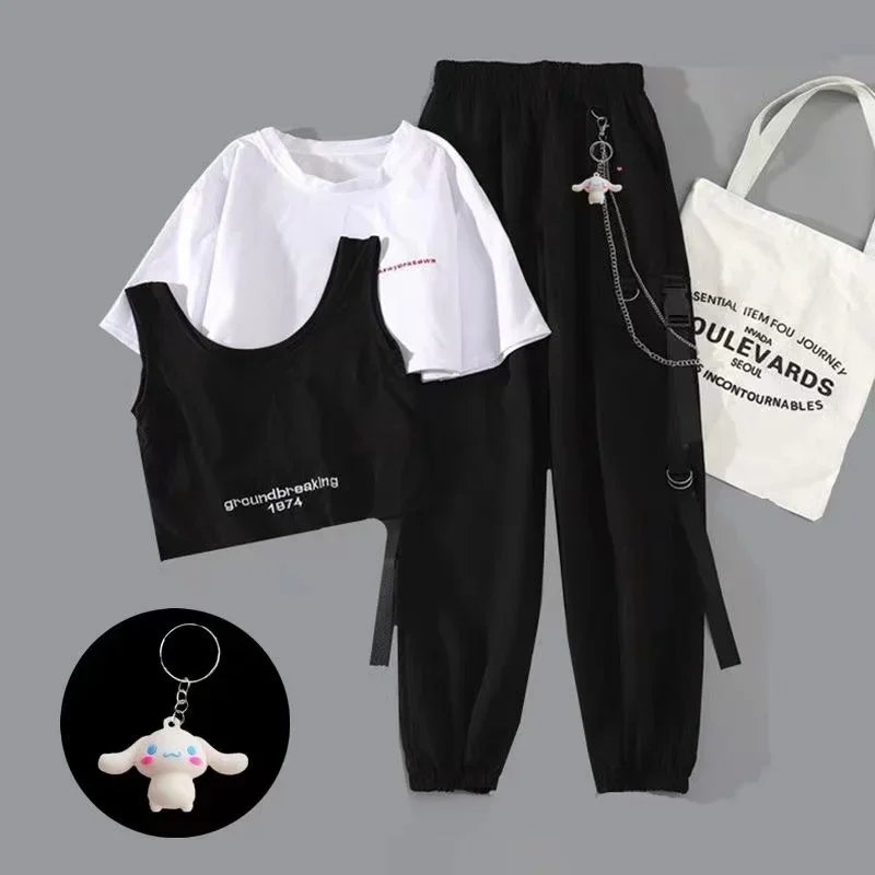 Women\'s Cargo Pants High Waisted Jogger Set with Chain Accent and Short Sleeve Crop Top Female Hip-hop 3-piece Set White Black