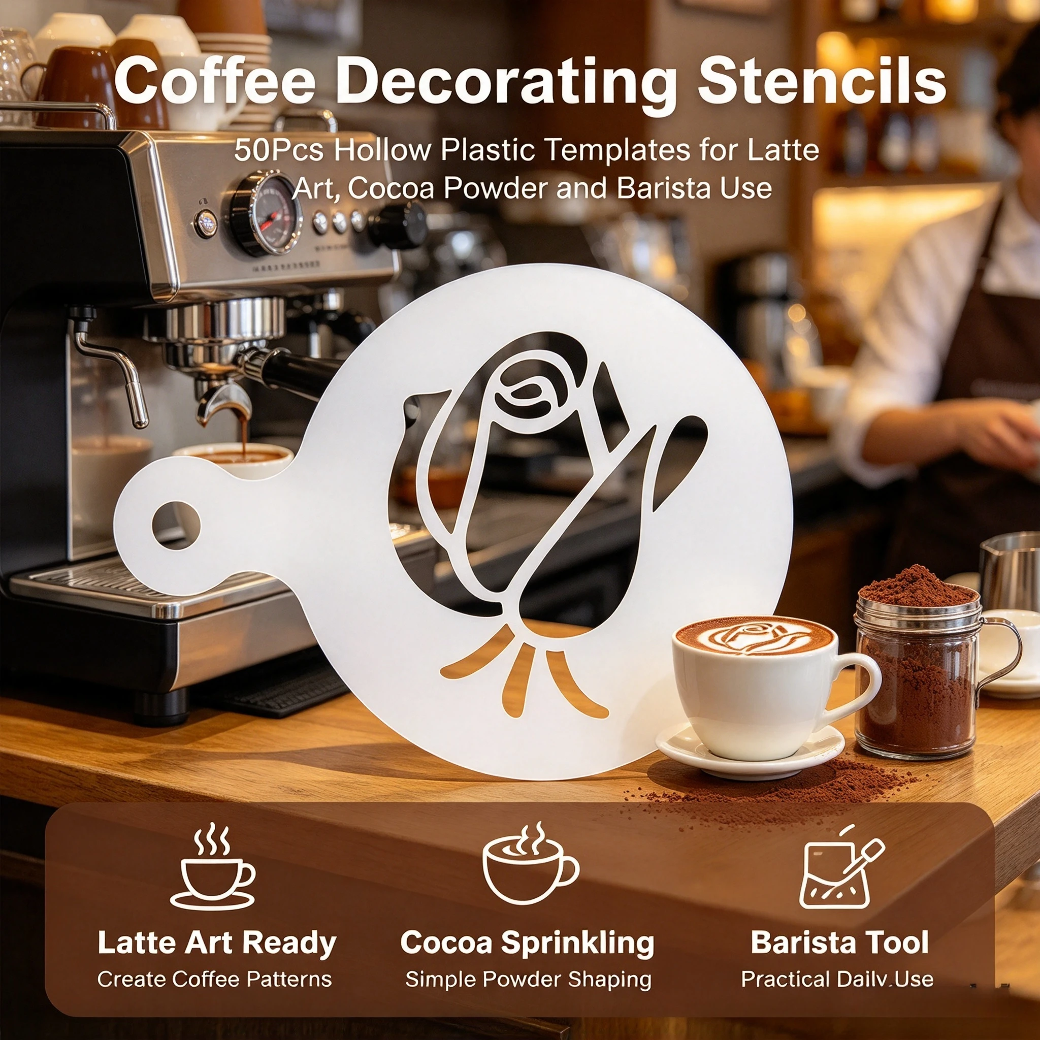 50Pcs Plastic Latte Art Stencils Hollow Template for Coffee Cocoa Powder Cake Cookie Decorating Pattern Sprinkling Use