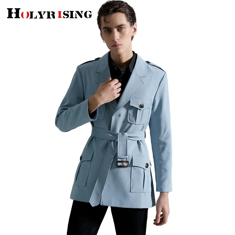 

men blazer tailored collar trench fitness jaqueta masculina pockets short techwear with belt leisure terno masculino 19700