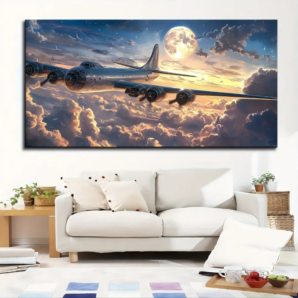 1.5 inch thick pine solid wood frame, World War II aircraft photo poster, printed modern canvas painting, living room home decor