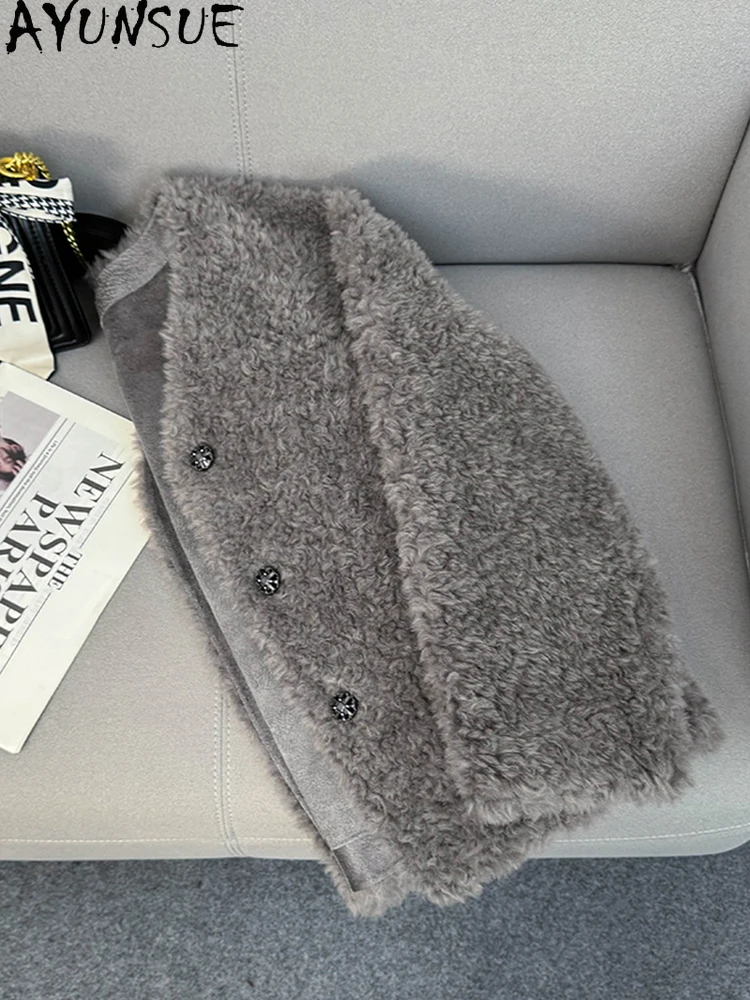 AYUNSUE 100% Naturalna Wełna Damska Kurtka 2025 Zima Dekolt V Futro Jagnięce Kurtka Odzież Damska Moda Odzież Wierzchnia Ropa Para Mujer