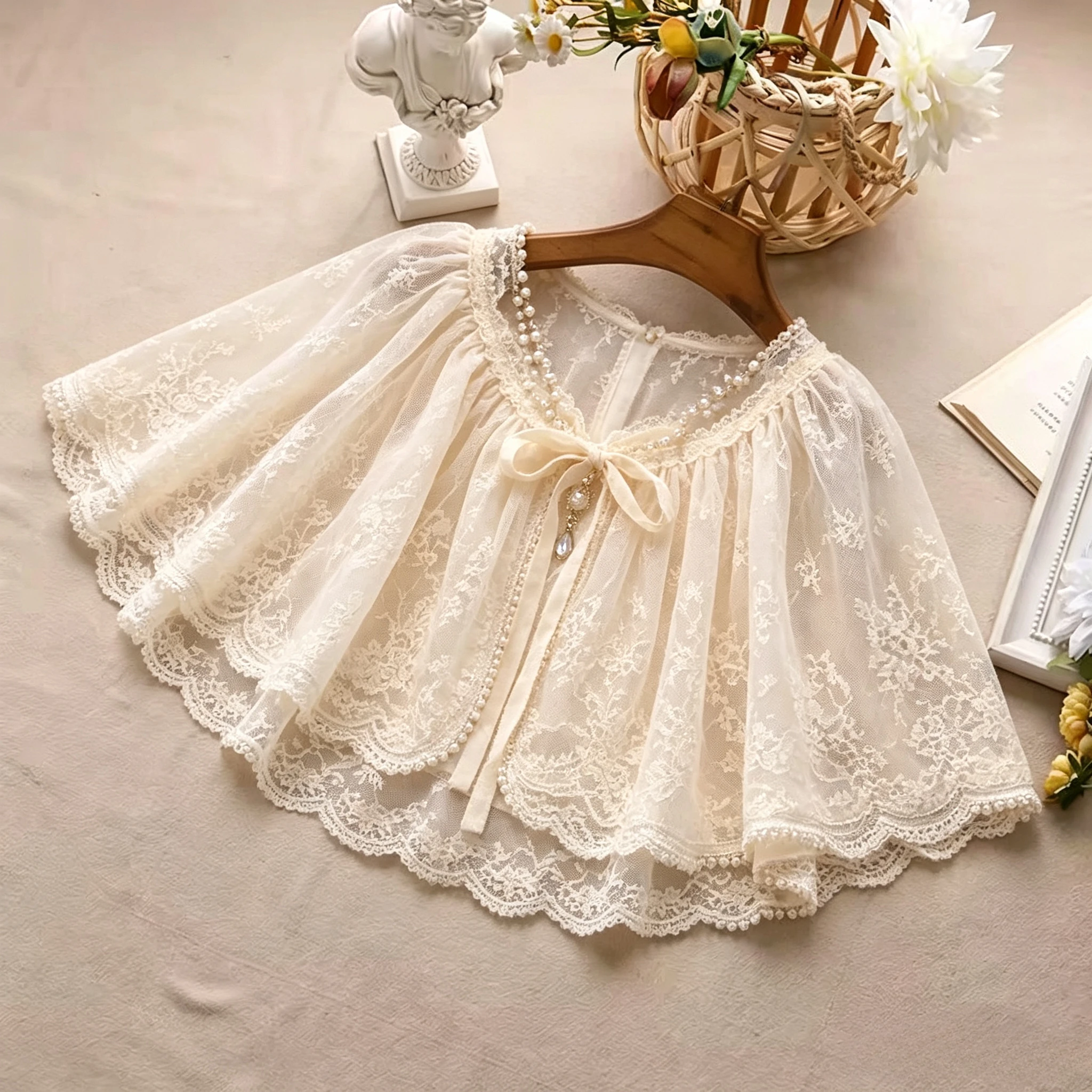 Kawaii Lolita Sweet Lace Shawl Women Versatile Drawstring Doll Collar Blouse Japanese Retro Embroidery Shirt Cardigan