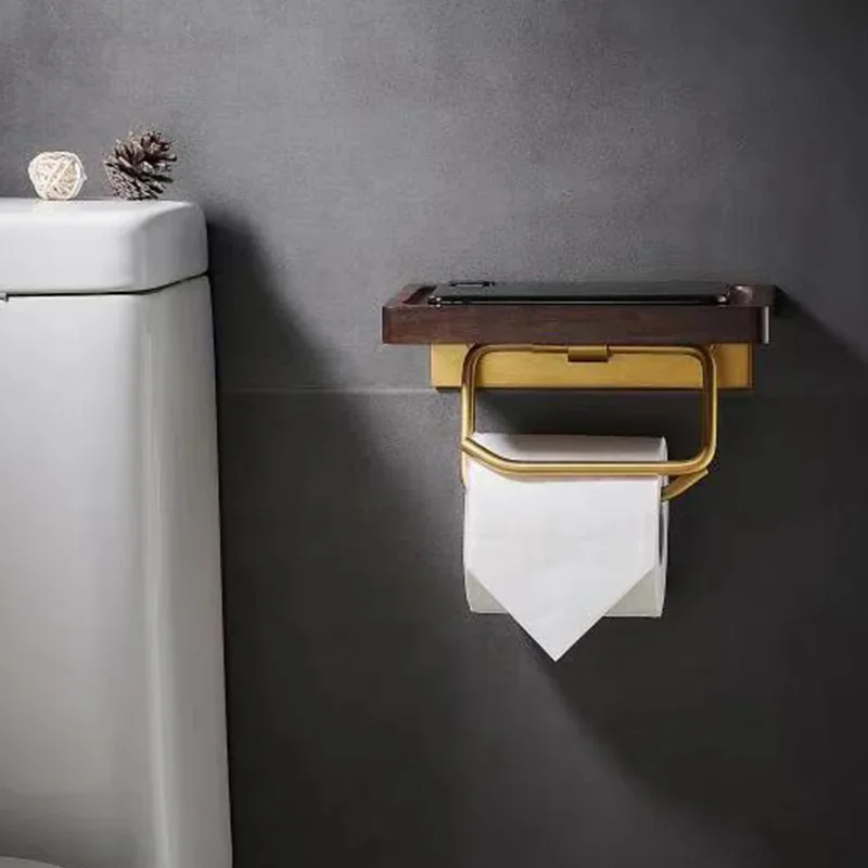 

Toilet Paper Holder with Creative Mobile Phone Shelf Non-perforated Black Walnut Wood Finish