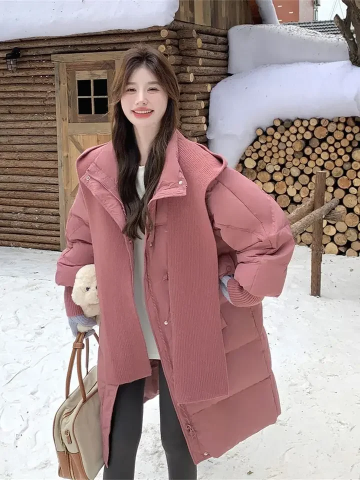 

Winter New Women's Down Cotton Jacket Commuter Splicing Knitted Shawl Coat