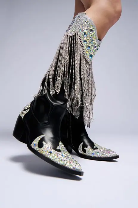 Woman Black Bling Crystal Rhinestone Tassel Knee High Boots Hot Drill Pointed Toe Thin Heels Tube Zipper Long Boots 44