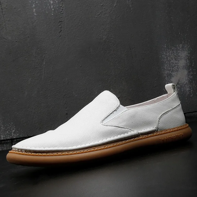 Harajuku Summer White Genuine Leather Mens Loafers Shoes Breathable Slip On Soft Male Casual Flat Sneakers Shoes Calzado Hombre