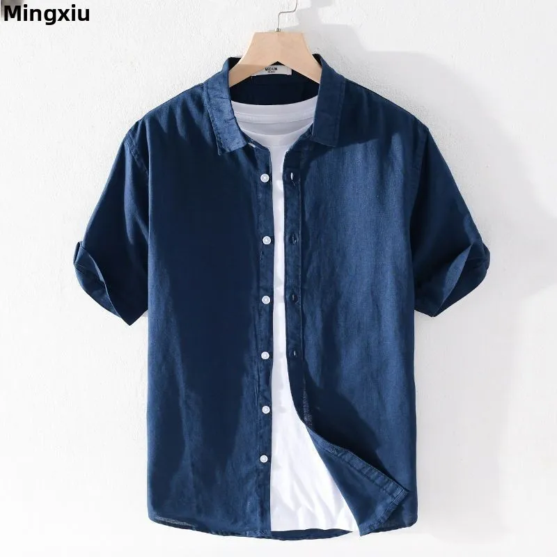 

Cotton Linen Men's Summer irt Casual Loose ort Sve Pure Color Fre Sle Square Collar Thin Fabric Daily Wear