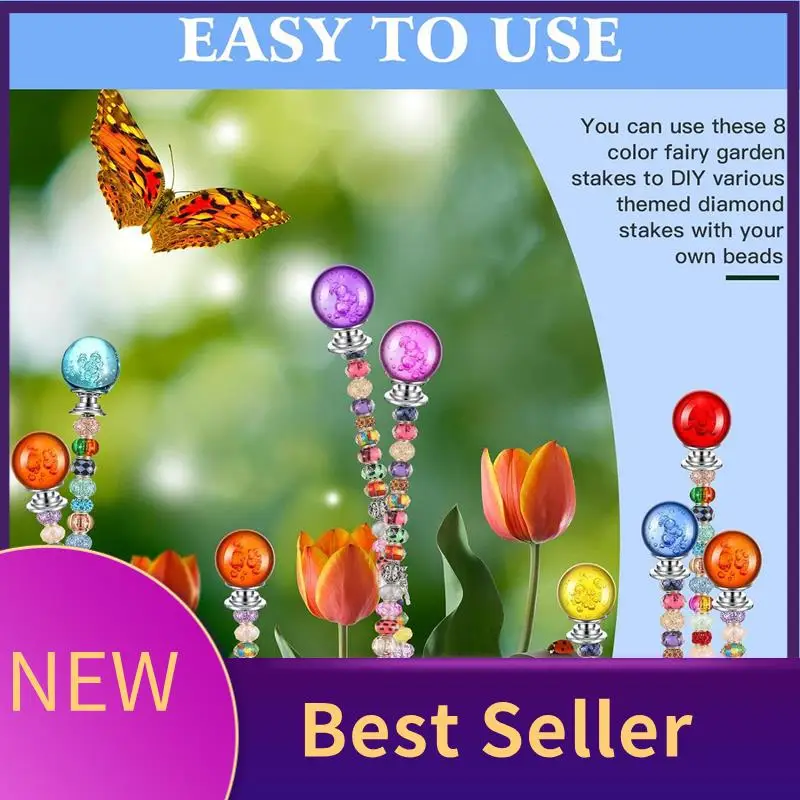 DIY Garden Beaded Stakes Wands Kit Include 8 Pcs 8/32 Inch 12 Inch Threaded Rods, 8 Pcs Hex Nuts And 8 Diamond Stopper