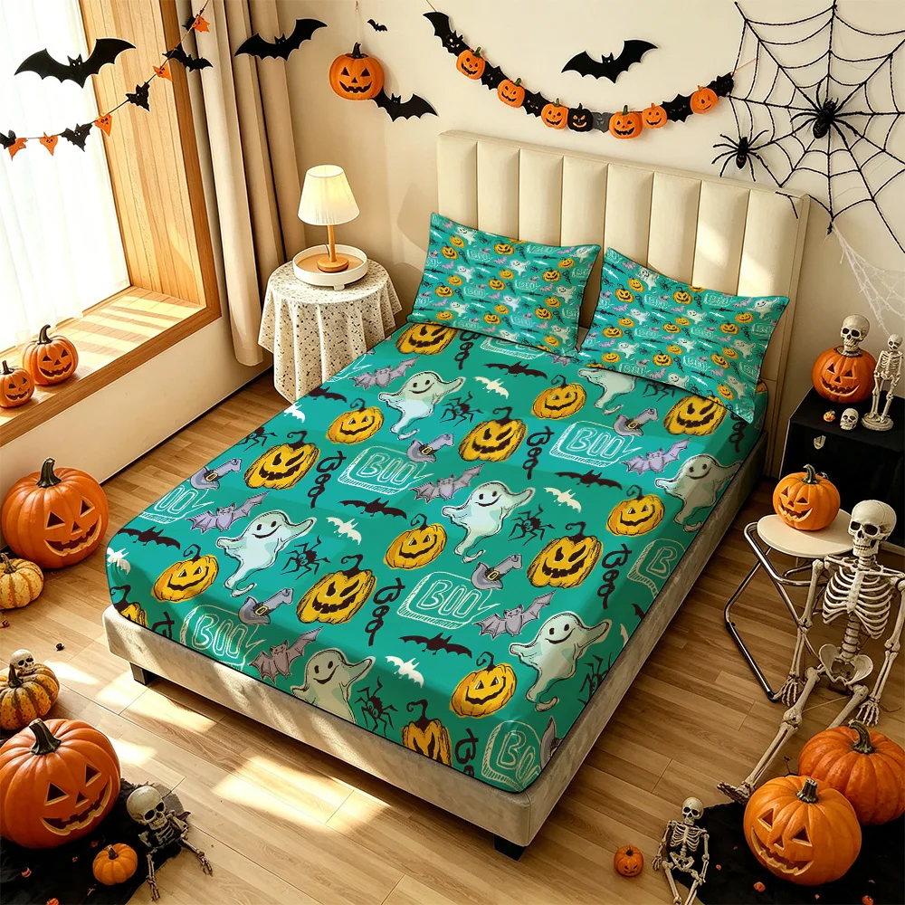3PCS Halloween Ghost Pumpkin Bat Print Bedding Set Soft Machine Washable Bedroom Bed Decor Bedspread