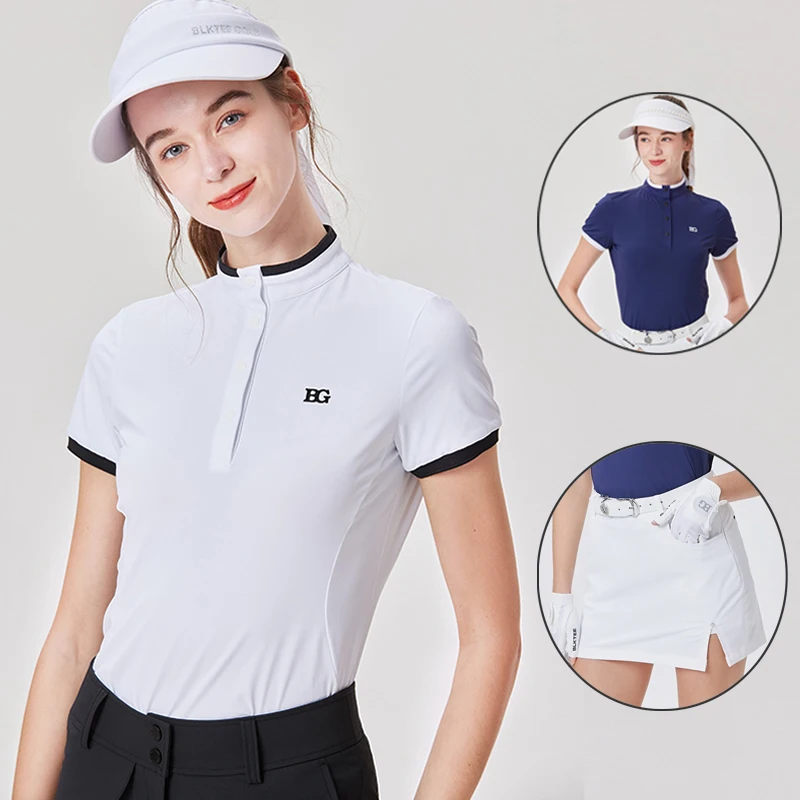 BG Golf Apparel Women's Short Sleeve T-Shirt Quick Dry Button Collar Tops High Waist pleated Skirt Ladies Golf Tennis Skorts