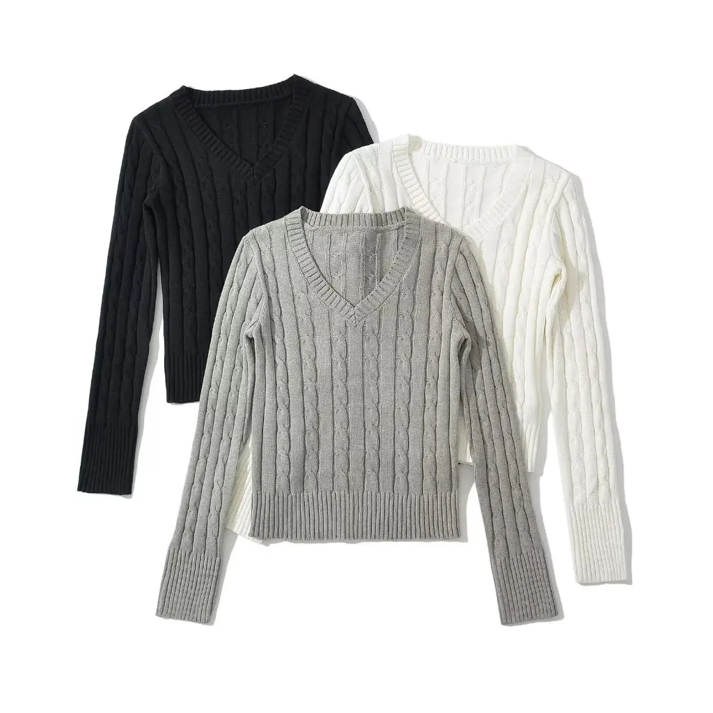 

Women's Retro Twist High Waist Sweater V-Neck Slim Fit Top European American Style Thread Bottoming Shirt