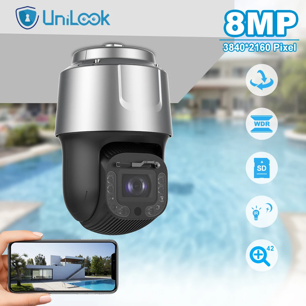 Unilook 8-inch 4K 8MP 42X DarkFighter IR Network Speed Dome PTZ Camera IP67 Audio Visual Alarm Outdoor Security